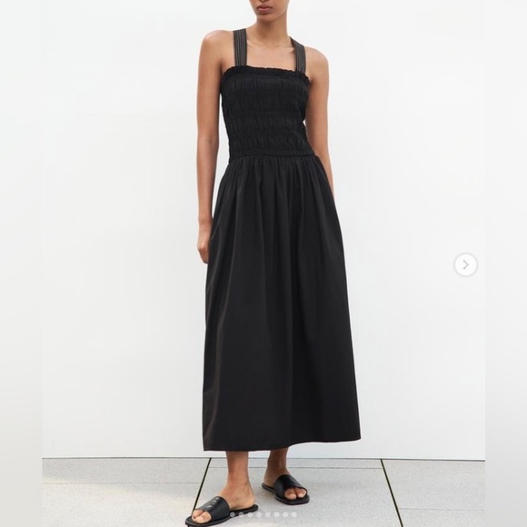 Zara Dresses & Skirts - ZARA Topstitched Black Midi‎ Dress with Pockets 100% Cotton Size M NWT